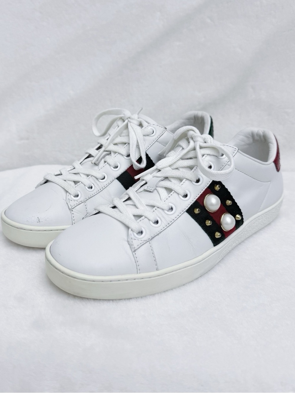 Gucci White Leather Sneakers with Red & Black Stripe and Pearl Studs